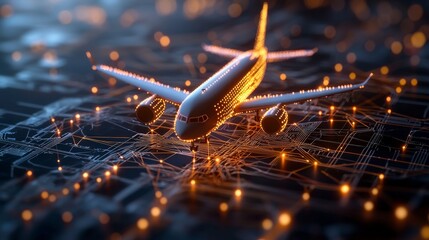 Poster - Illuminated Airplane Model Over City Map with Network Connections and Digital Effects in Night Scene