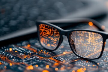 Poster - Cyber Technology Reflection in Glasses with Circuit Board Background and Keyboard Elements in Modern Digital Environment