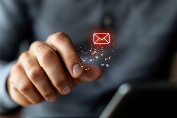 Poster - Hand Pressing Virtual Email Icon Above Laptop, Concept of Digital Communication and Modern Technology Interaction