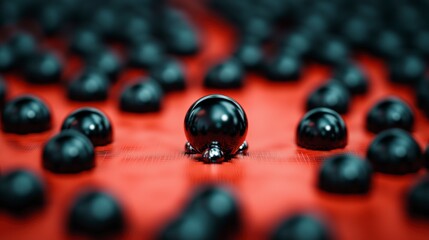 Poster - Abstract Red Background with Black Spheres  3D Render  Shiny Texture  Unique Design