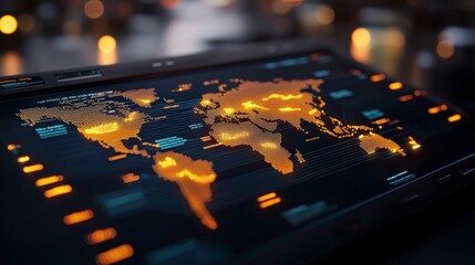 Poster - Detailed and Modern Digital World Map Illustration with Orange Highlights and Data Connections