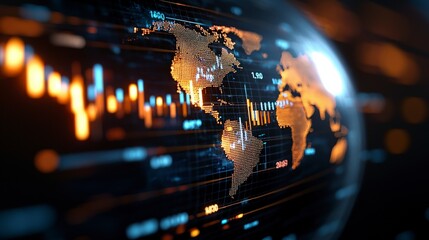 Poster - Abstract World Map with Financial Data Visualization on Digital Background for Market Analysis and Global Trade Concepts