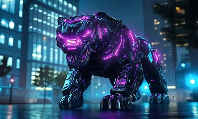 Poster - Cybernetic Tiger Roams Neon Cityscape