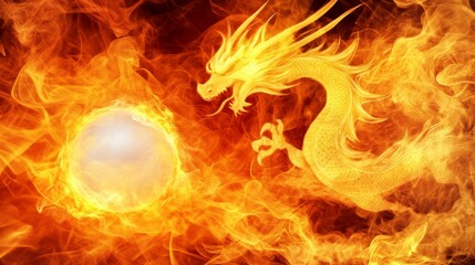 Wall Mural - Fiery Dragon Guardian of Celestial Orb in Flaming Inferno