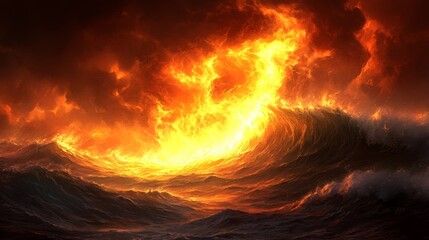Wall Mural - Fiery Inferno Ocean Wave Digital Painting Artwork