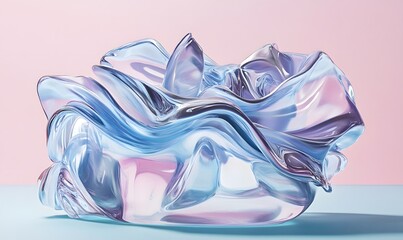 Abstract blue glass sculpture, pastel background, studio shot, product display