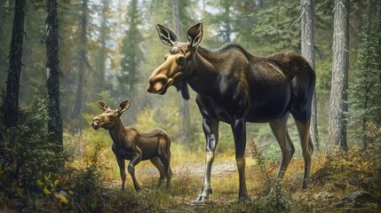 Naklejka na meble Moose and calf walking in lush forest nature wildlife exploration