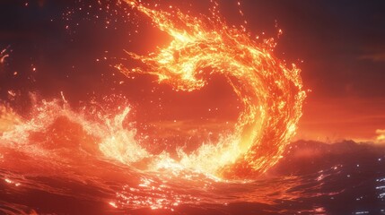 Wall Mural - Fiery Wave Crashing Ocean Surreal Fire Water