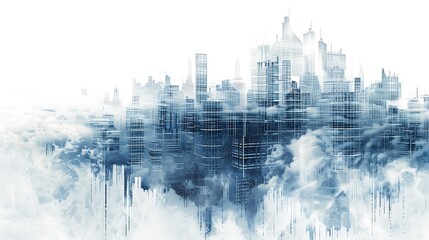 Wall Mural - A conceptual digital artwork depicting the merging of virtual reality and real life, with a futuristic city blending seamlessly into a digital matrix, isolated on a plain white background for 