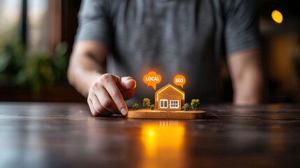 Poster - Focused Person Adjusting Miniature House Model with Local SEO Concept in Modern Workspace Environment