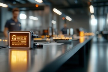 Poster - Modern technology device with digital display on a sleek workspace amidst blurred figures and warm lighting ambiance