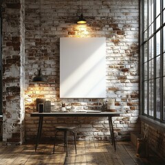 Poster - Minimalist Interior Mockup with Blank Canvas on Brick Wall Soft Lighting Scandinavian Design