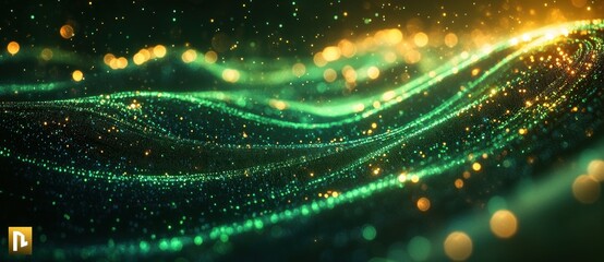 Poster - Futuristic Digital Landscape with Glowing Green Wires in Server Room