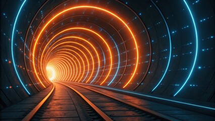 Wall Mural - technology background concept, Glowing tunnel with illuminated tracks and exit light