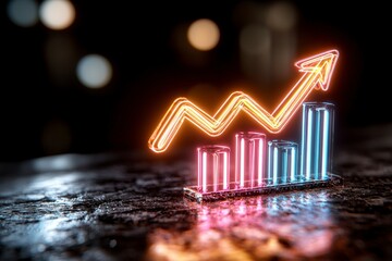 Poster - Neon Graph Illustration with Rising Trend Over Dark Surface in Business and Finance Conceptual Design