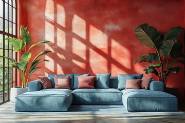 Poster - Modern Living Room with Blue Sectional Sofa Pastel Cushions and Coral Accent Wall in Natural Light
