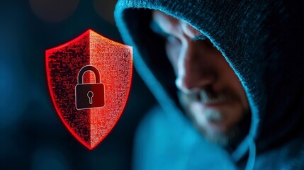 Poster - Hooded Figure in Dark Environment with Shield Symbol Representing Cyber Security and Data Protection Concept