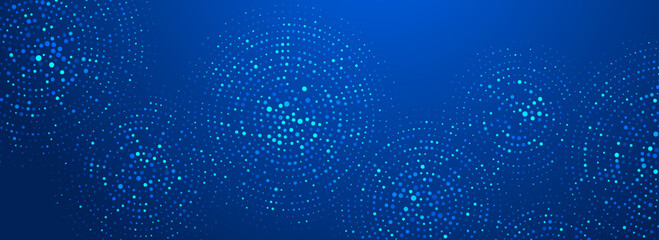 Poster - Digital technology pattern wallpaper. Glowing blue dotted circle background. Abstract dot round grid backdrop for business, science, healthcare, medicine, finance. Vector navy texture surface