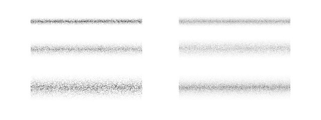 Poster - Black dotted gradient texture set. Stippled grain brush element collection. Fading scatter noise pattern pack. Spray dot line stroke background. Rectangle grainy sand bundle. Vector illustration