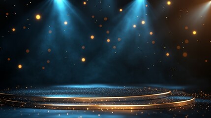 Fototapete - Premium background design with golden dotted edge lines and blue accents, illuminated by stage spotlights for awards graphics 
