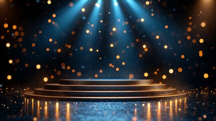 Wall Mural - Elegant blue and golden dotted edge lines with royal stage spotlights, forming an empty background for awards graphics
