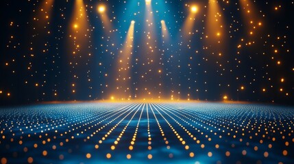 Wall Mural - Luxurious blue and golden dotted lines illuminated by stage spotlights, forming a sophisticated royal awards background