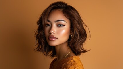 Poster - A radiant multiethnic woman showcases her sleek hairstyle and glowing skin against a warm, earthy backdrop. Natural light highlights her features, creating an inviting atmosphere