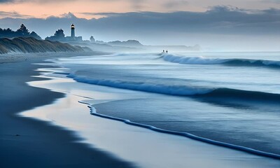 Poster - Coastal lighthouse sunset, waves, beach walkers