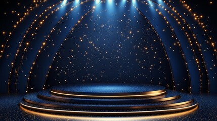 Poster - Elegant royal design with blue and golden dotted edge lines and glowing stage spotlights, creating a premium awards background