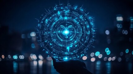 Poster - Futuristic Digital Sphere Held in Hand, Night Cityscape