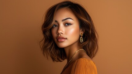 Poster - A stunning multiethnic woman gazes confidently at the viewer, her sleek hairstyle perfectly complementing her radiant skin. The warm backdrop enhances her elegance, making the moment unforgettable