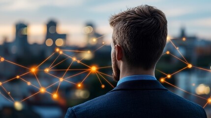 Poster - Businessman Observing Futuristic Cityscape with Network Connection Symbols Representing Innovation and Technology