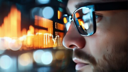 Poster - Intense Focus of a Businessman Analyzing Stock Market Data on Digital Screen in Modern Office Environment