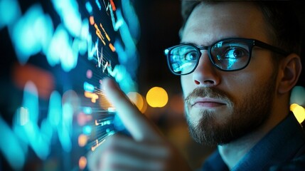 Poster - Focused young man analyzing digital data on a glowing screen at night with sharp glasses and intense concentration