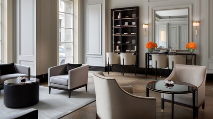 Aufkleber - elegant walk-in closet with glass display shelves, soft lighting, and a cozy seating area. home inte