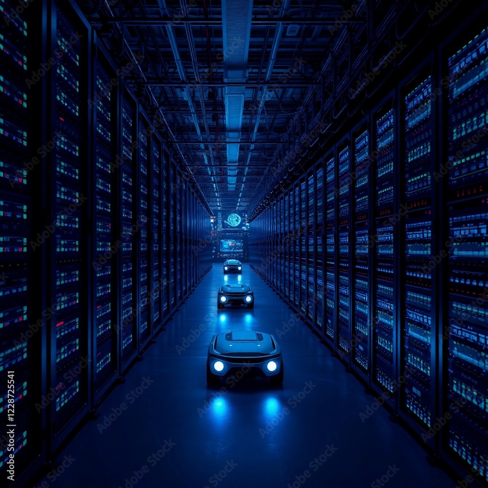 Rows of servers in a data center with blue lighting and robots moving ...