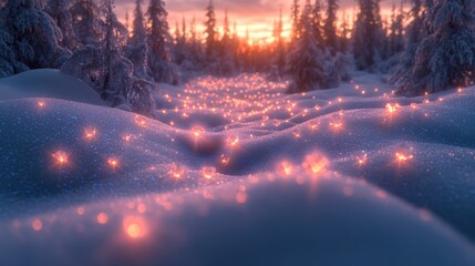 Canvas Print - Sparkling snow, sunset forest path, winter wonderland