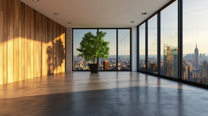 Poster - Modern empty interior with large windows showcasing city skyline and potted plant under natural sunlight