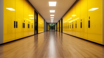 Poster - Bright corridor with yellow lockers and wooden flooring illuminated by overhead lights in modern interior design