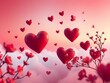© Suparto - Romantic Valentine's background with floating 3D hearts, hand-drawn floral illustrations, dreamy pink-red gradient, and soft shadows
