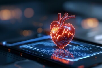 Poster - Futuristic Digital Heart with Vital Sign Display in a High-Tech Medical Environment