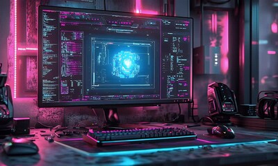 Poster - Cyberpunk desktop coding, neon room, future tech