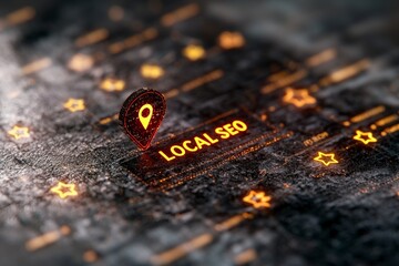 Poster - Pin Icon Highlighting Local SEO Concept on Dark Digital Background with Glowing Elements and Stars