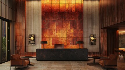 Poster - A modern hotel lobby with a large wall of orange tiles