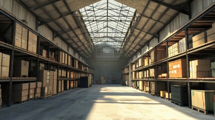 Poster - A large warehouse with many boxes on shelves