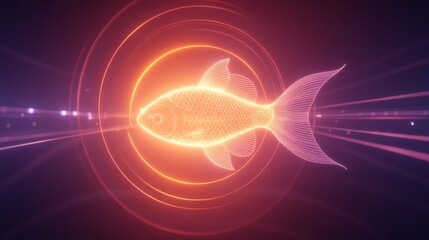 Poster - Glowing Wireframe Fish in Digital Space with Rings