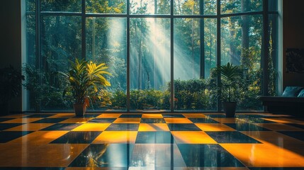 Wall Mural - Sunlit Lobby, Forest View, Checkered Floor, Plants