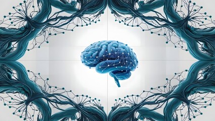 Poster - Blue Brain with Neural Network on White, Abstract Cognitive Connection