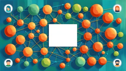 Poster - Networked people connecting through digital nodes on a blue abstract background.
