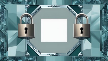 Poster - Digital security abstract with padlocks and tech patterns on teal base